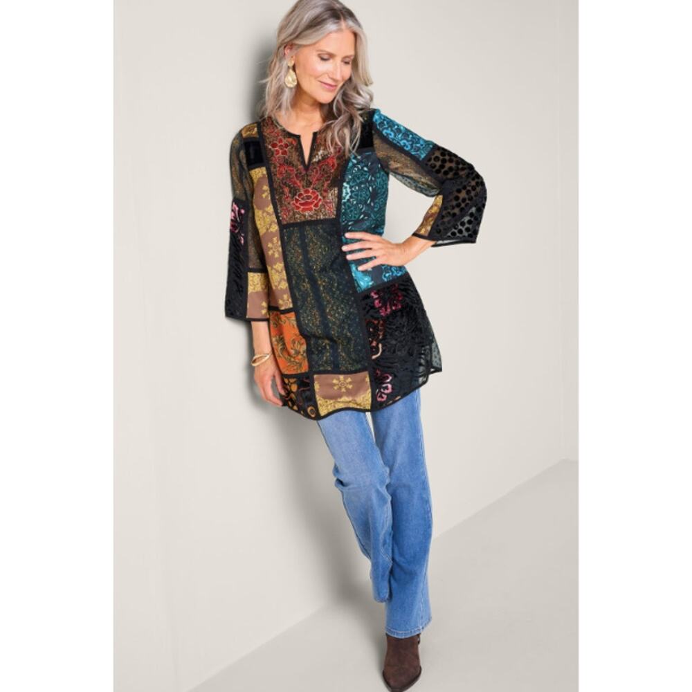 Soft Surroundings Adassa Burnout Velvet Tunic Mini Dress Patchwork Sequin Boho - Picture 2 of 10